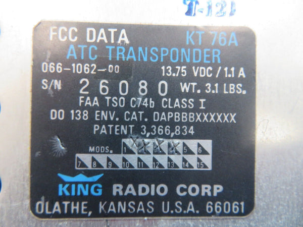 Bendix King KT76A Transponder w/ Rack P/N 066-1062-00 FOR PARTS (1222-699)
