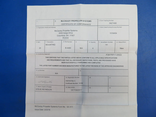McCauley Propeller Stud Mounting w/ Paperwork P/N B-4480 LOT OF 2 NOS (0523-613)