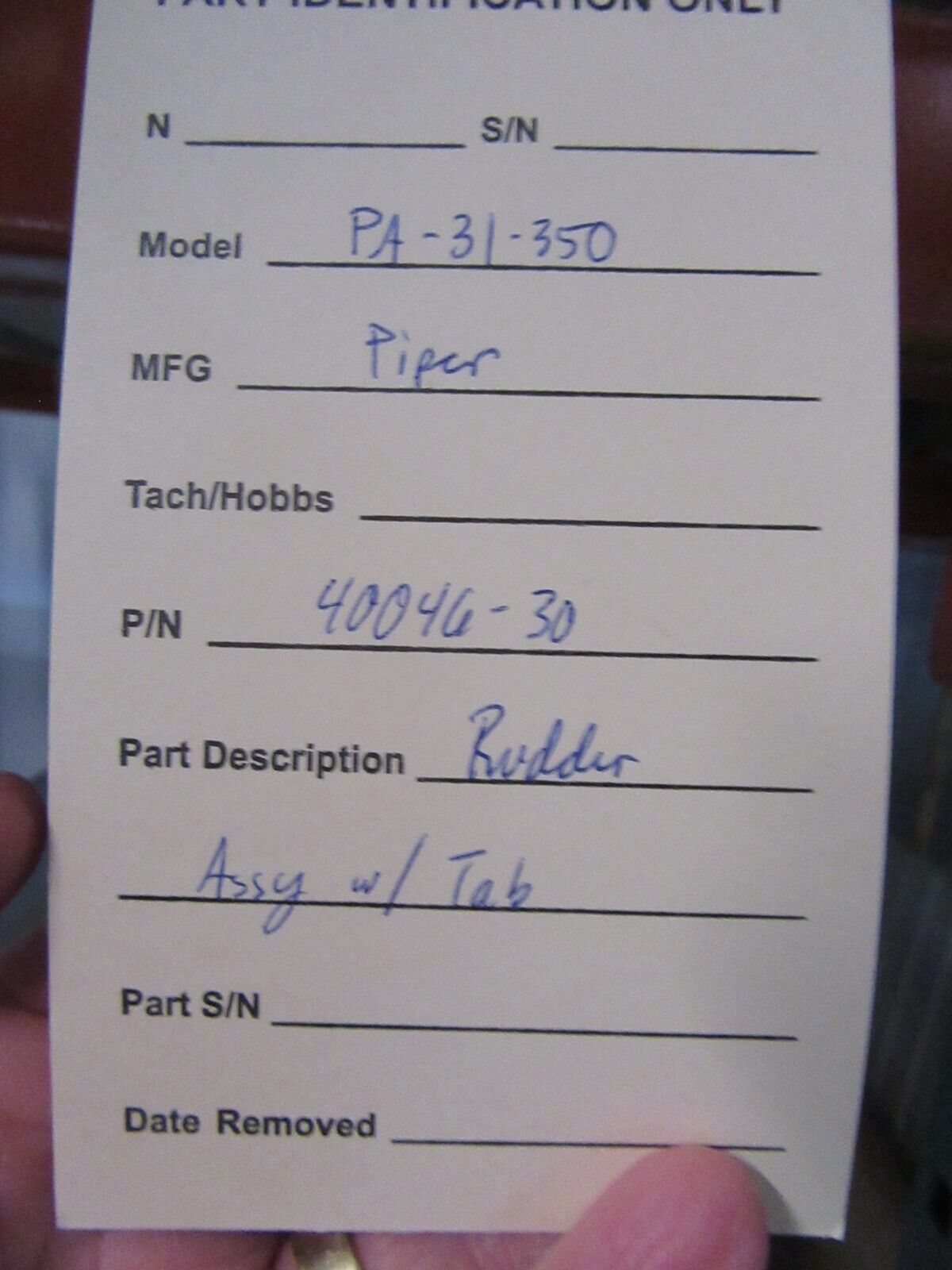 Piper PA-31-350 Chieftan Rudder Assembly w/ Tab P/N 40046-30 (1123-05)