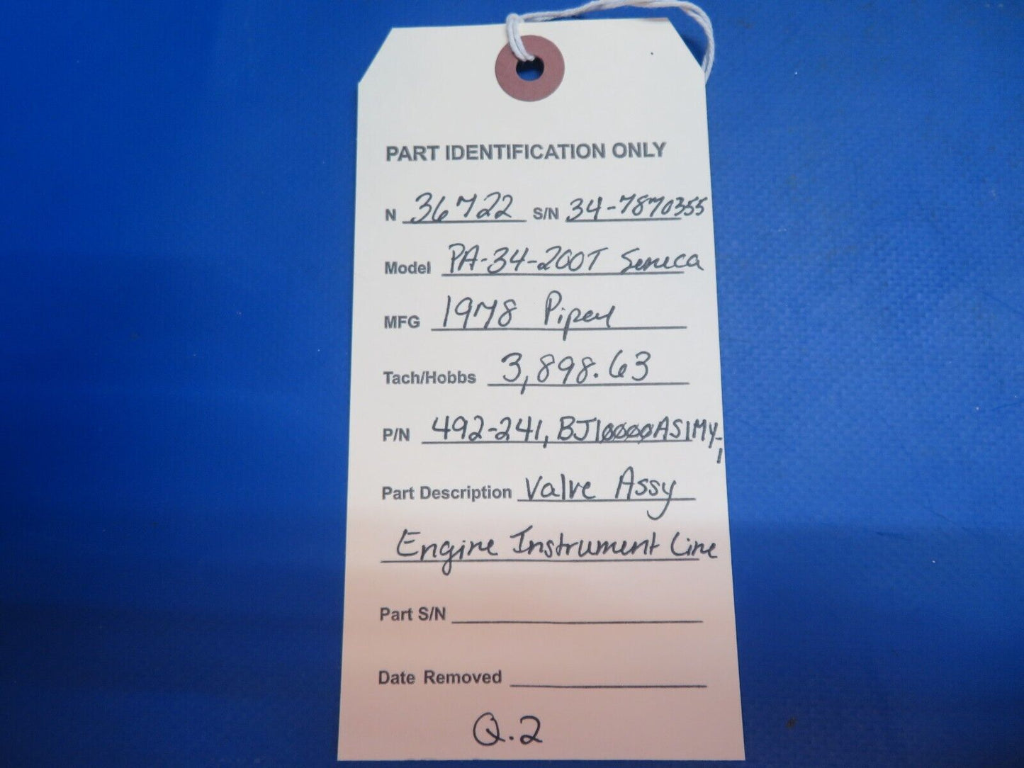 Piper PA-34-200T Seneca Valve Assy Engine Instrument Line P/N 492-241 (0123-572)