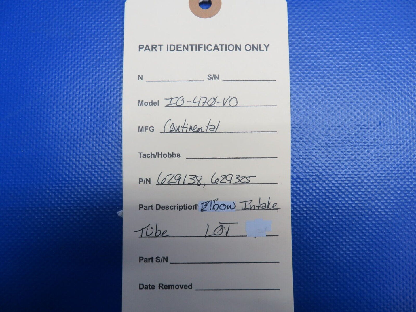 Continental IO-470-VO Elbow Intake Tube P/N 629138, 629325 LOT (0124-1035)