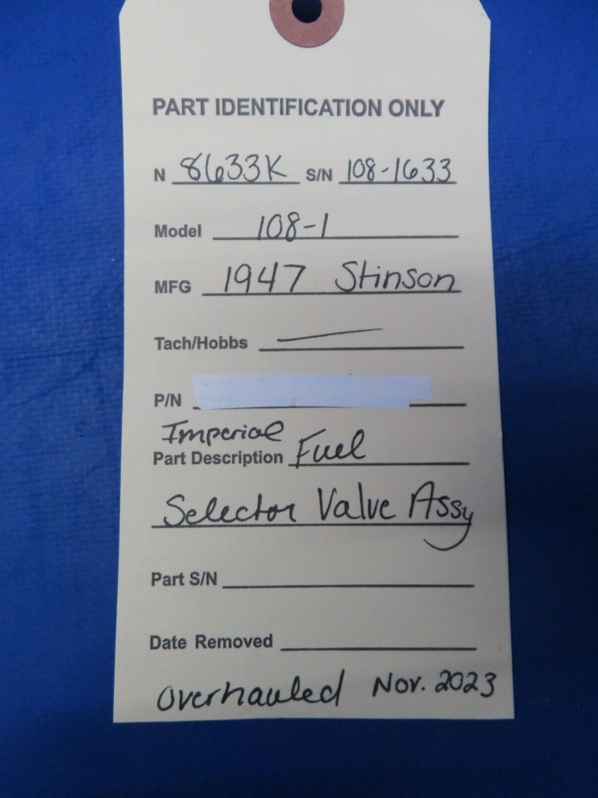 Stinson Imperial Fuel Selector Valve Assy OVERHAULED 11-2023 (1123-450)