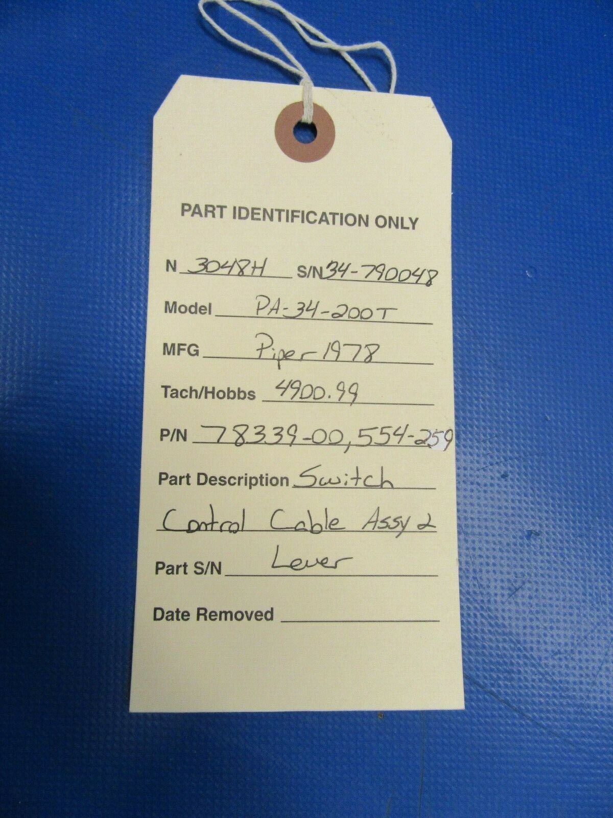 Piper PA-34-200T Switch Control Cable Assy & Lever P/N 78339-00 (1119-194)
