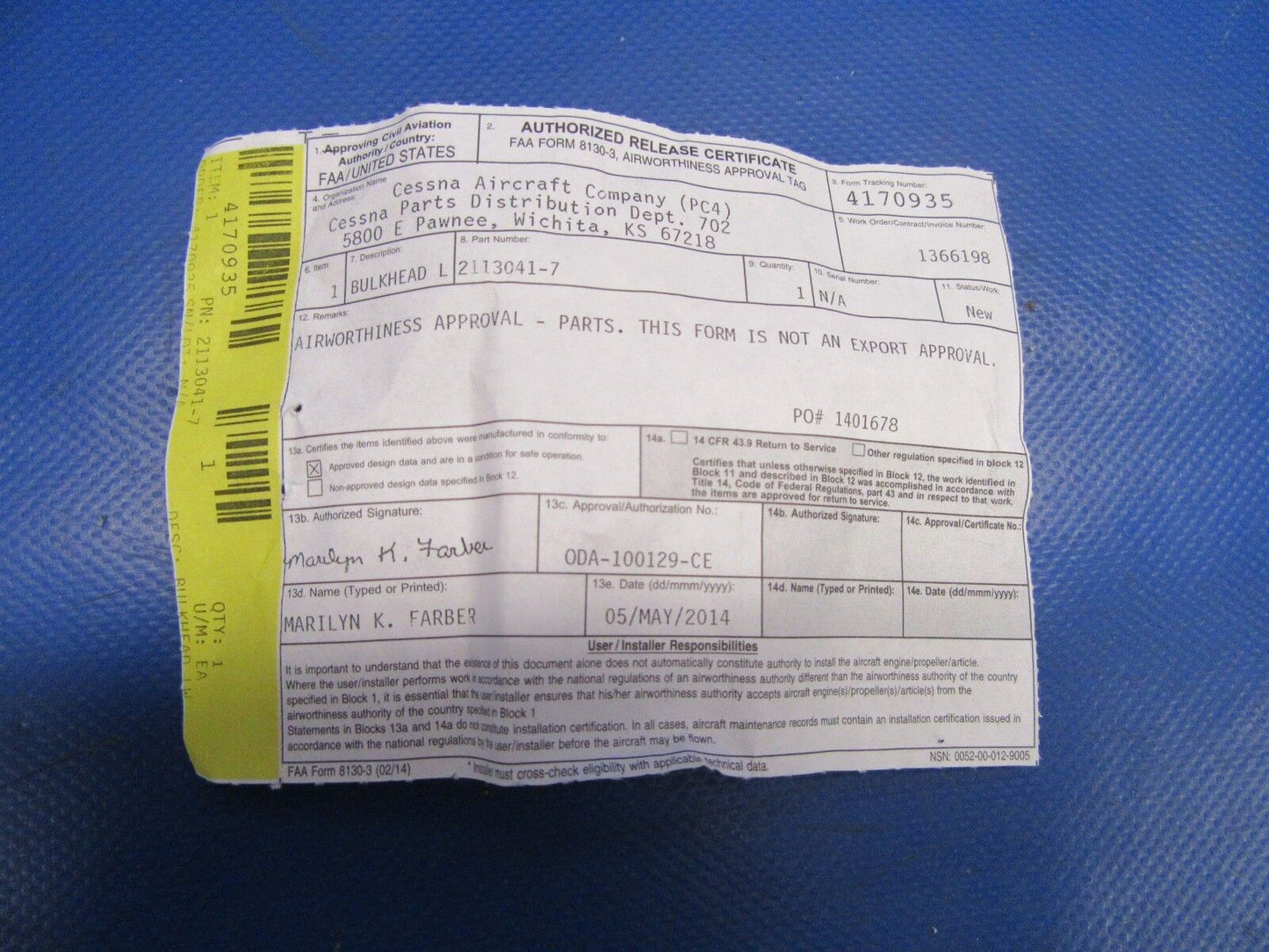 Cessna P210 Bulkhead LH LWR FWD Fuselage P/N 2113041-7 NOS (0119-205)