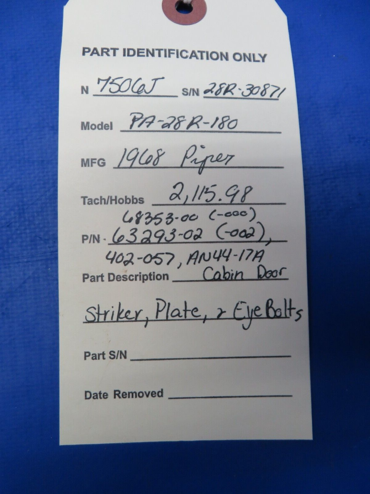 Piper PA-28R-180 Cabin Door Striker, Plate & Eye Bolts P/N 68353-00 (1123-418)