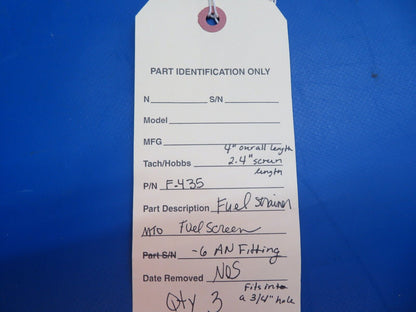 Fuel Strainer MTO Fuel Screen, Size -6 AN Fitting, P/N F-435 NOS (1222-800)
