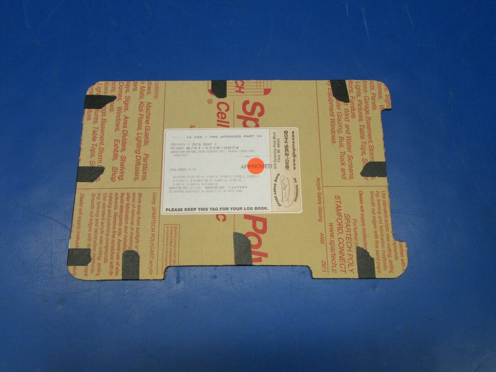 Beech 800XP, 850XP Visor Gray P/N W/XT-1218-2074 NOS (0419-425)