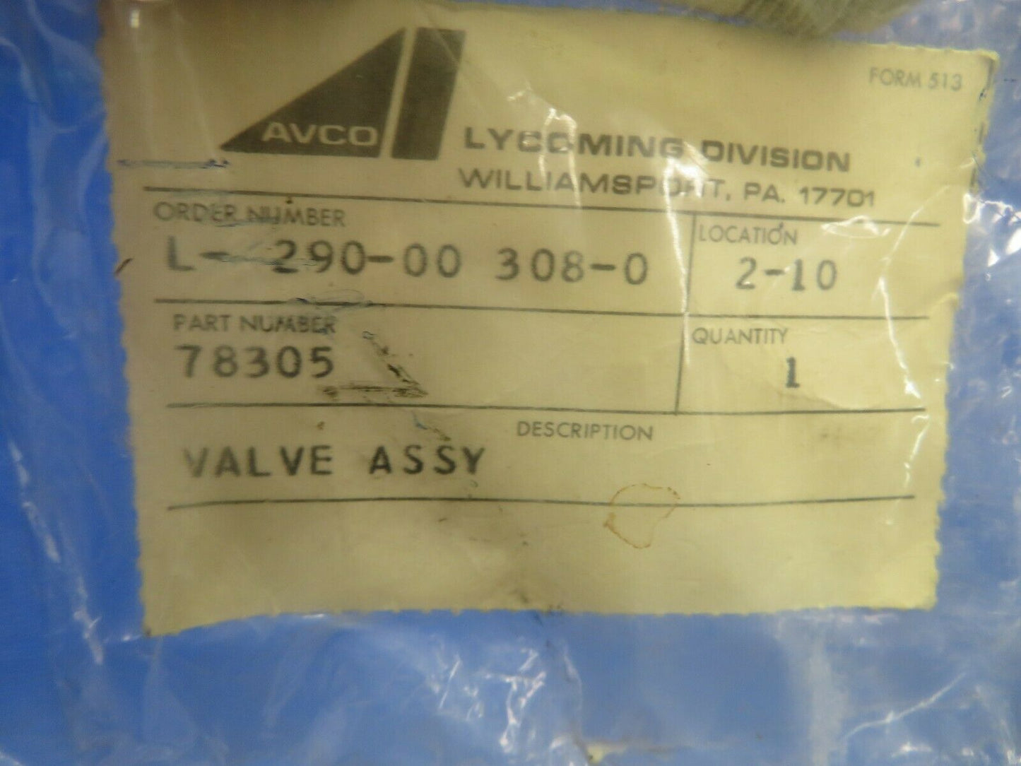 Lycoming Valve Assy P/N 78305 NOS (0720-578)