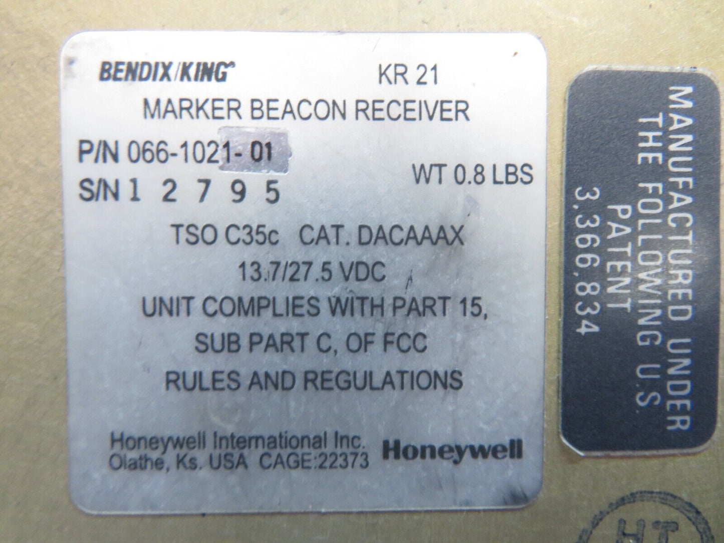 Piper PA-28-180 Cherokee KR21 Marker Beacon Receiver P/N 066-1021-01 (0223-713)