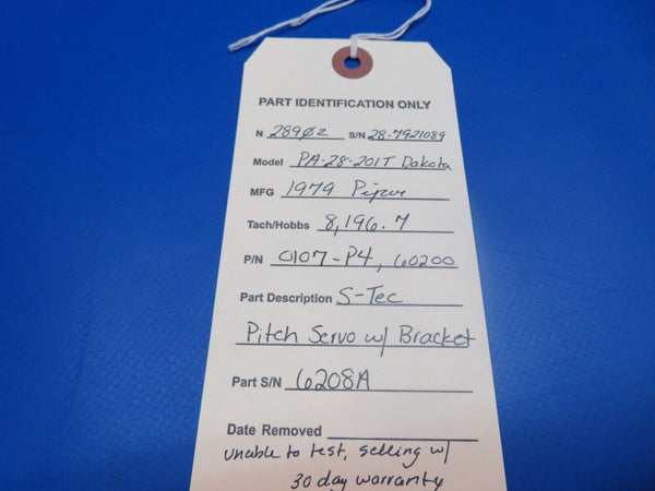 Piper PA-28-201T Dakota S-Tec Pitch Servo w/ Bracket P/N 0107-P4 (1022-516)