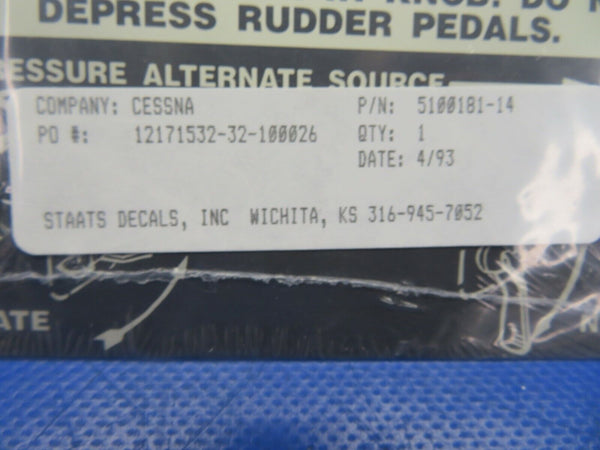 Cessna Placard Parking Brake / Alternate Static Source 5100181-14 NOS (0520-29)