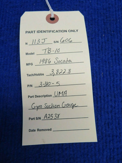 Socata TB-10 Uma Gyro Suction Gauge P/N 3-310-5 (0422-400)