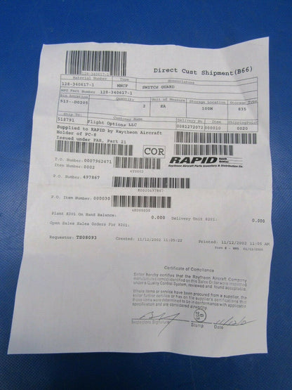 Hawker Beech Switch Guard P/N 128-340617-1 NOS (0419-330)