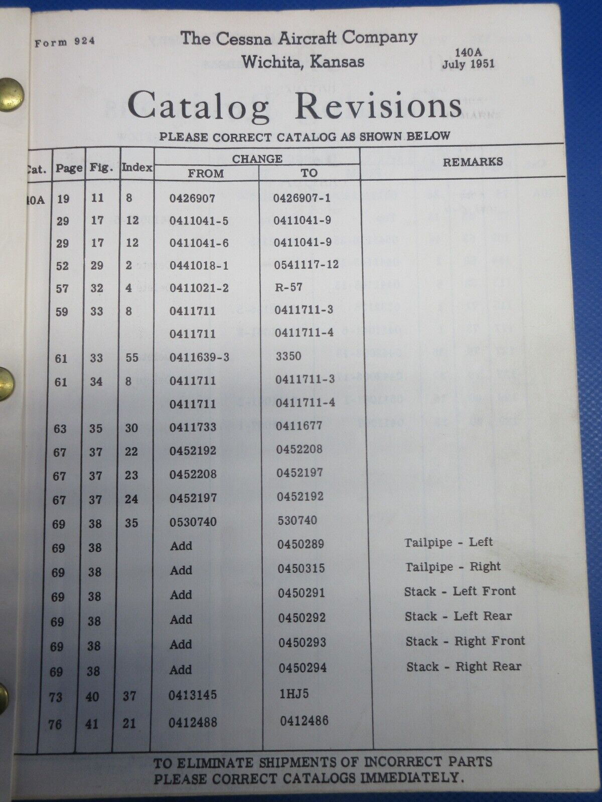 Cessna 140A Parts Catalog (0124-1349)