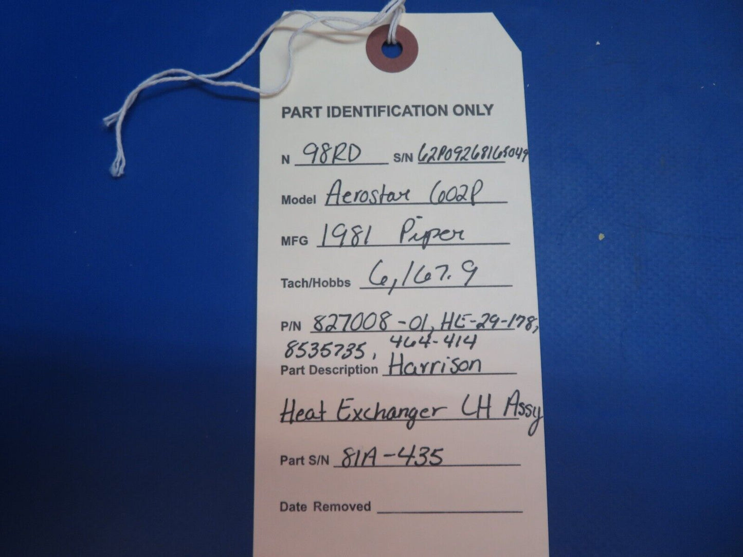 Piper Aerostar 602P Harrison Heat Exchanger LH Assy P/N 827008-01 (0123-810)