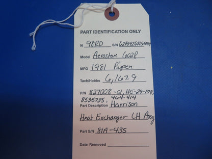 Piper Aerostar 602P Harrison Heat Exchanger LH Assy P/N 827008-01 (0123-810)