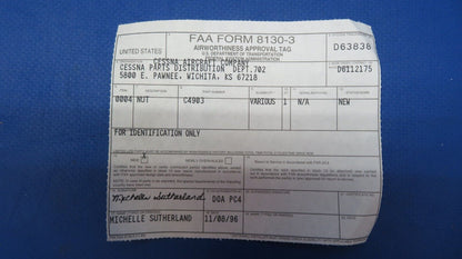 McCauley Threaded Propeller Nut P/N C4903 w/ 8130 NOS (0523-277)
