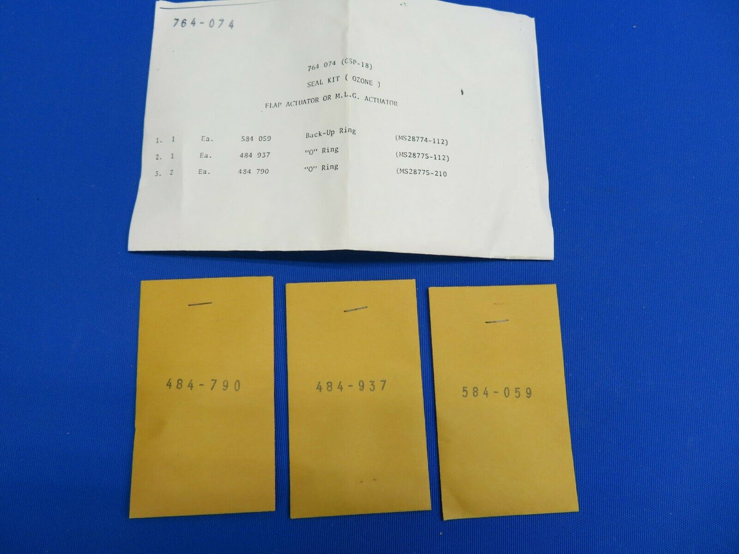Piper Flap Actuator or Main Landing Gear Seal Kit P/N 764-074 NOS (0820-334)