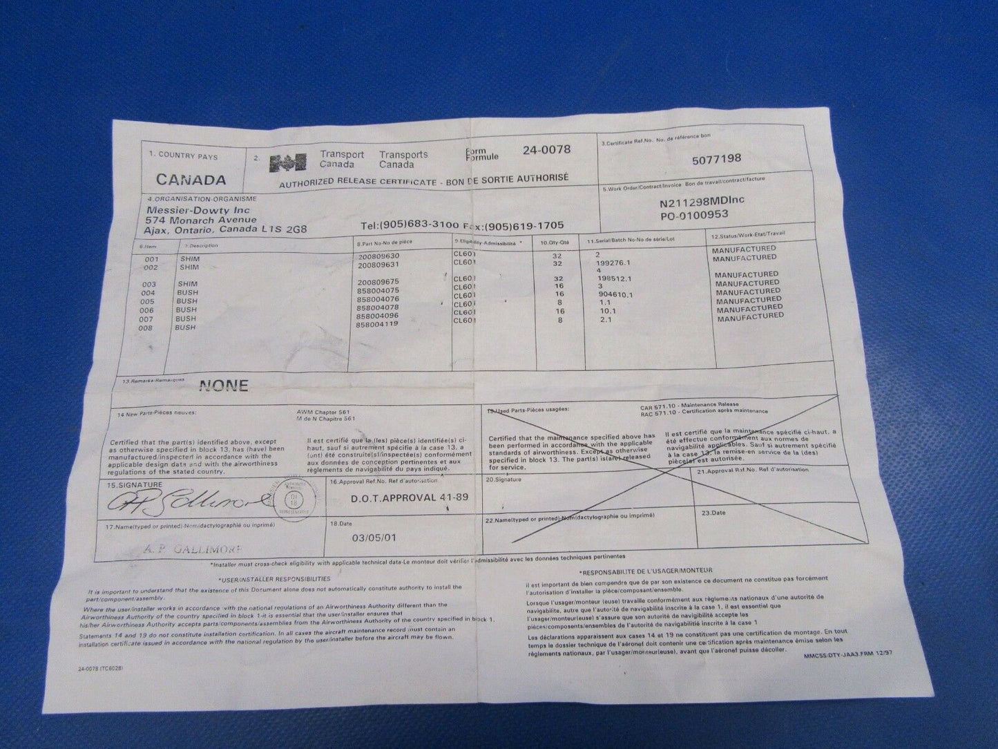 Bombardier Lear Bushing P/N 858004075 NOS (0419-178)
