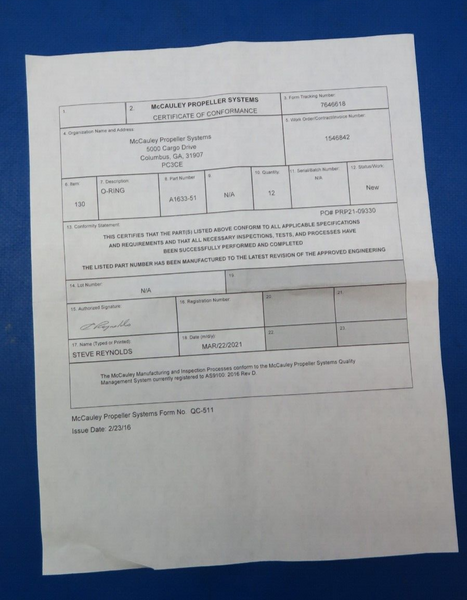 McCauley Propeller O-Ring w/ Paperwork P/N A1633-51 LOT OF 12 NOS (0523-260)