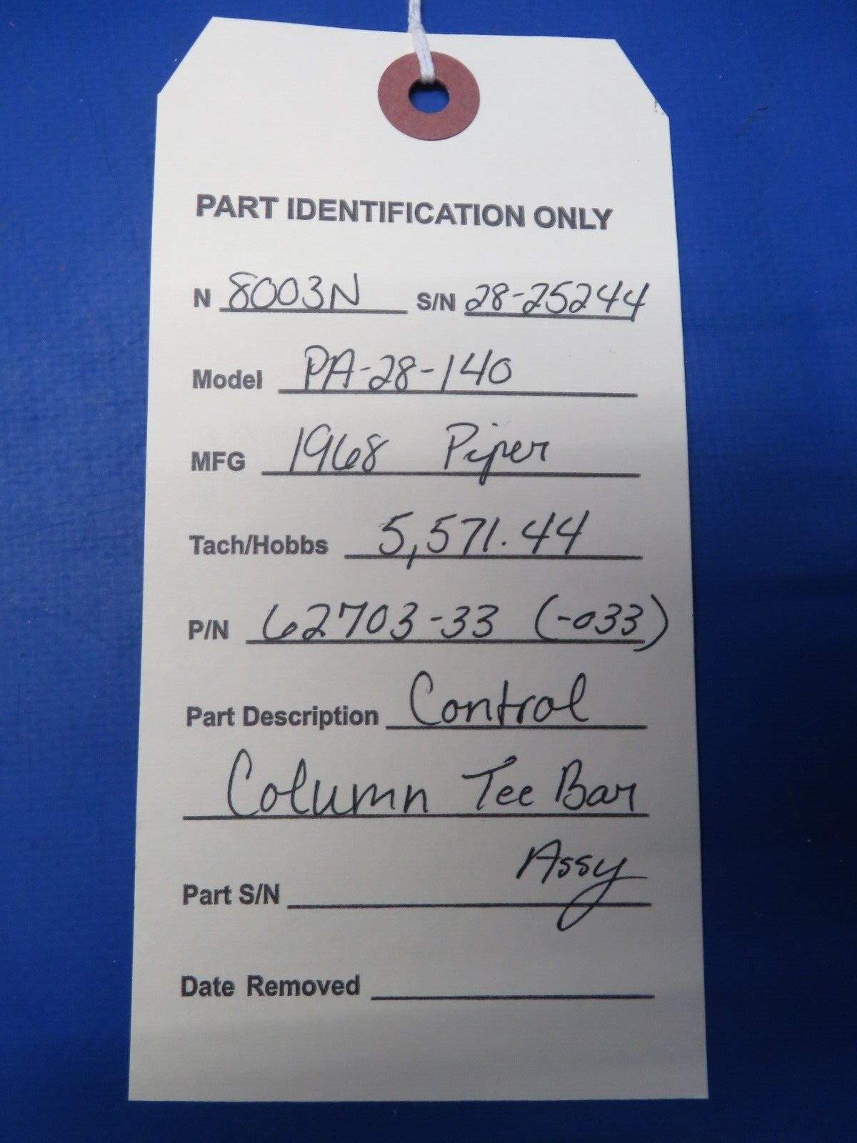 Piper PA 28-140 Control Column Tee Bar Assy P/N 62703-33 (1123-152)