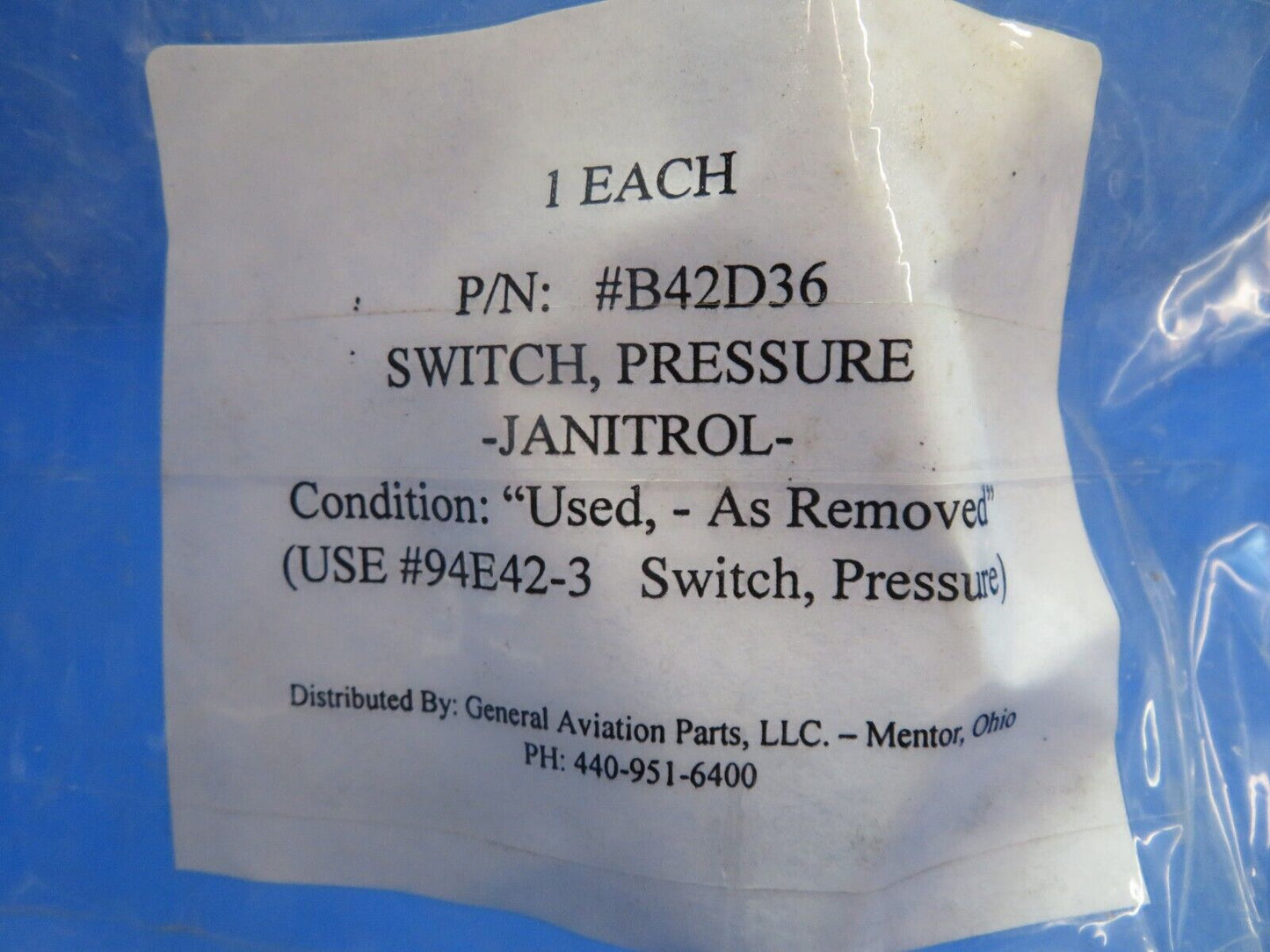 Janitrol Pressure Switch P/N B42D36 CORE (0123-538)
