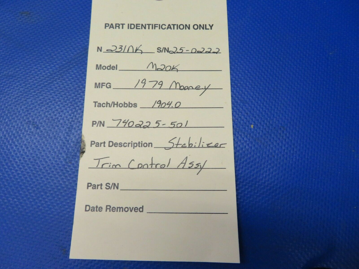 Mooney M20 / M20K Stabilizer Trim Control Assy P/N 740225-501 (0721-1019)
