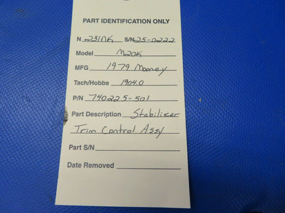 Mooney M20 / M20K Stabilizer Trim Control Assy P/N 740225-501 (0721-1019)