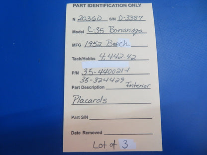 Beech C-35 Bonanza Interior Placards P/N 35-440021-1 LOT OF 3 (1222-600)