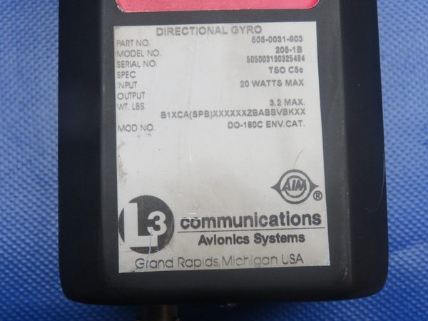 L3 Communications Directional Gyro 28V P/N 505-0031-903, 205-1B CORE (0124-1191)