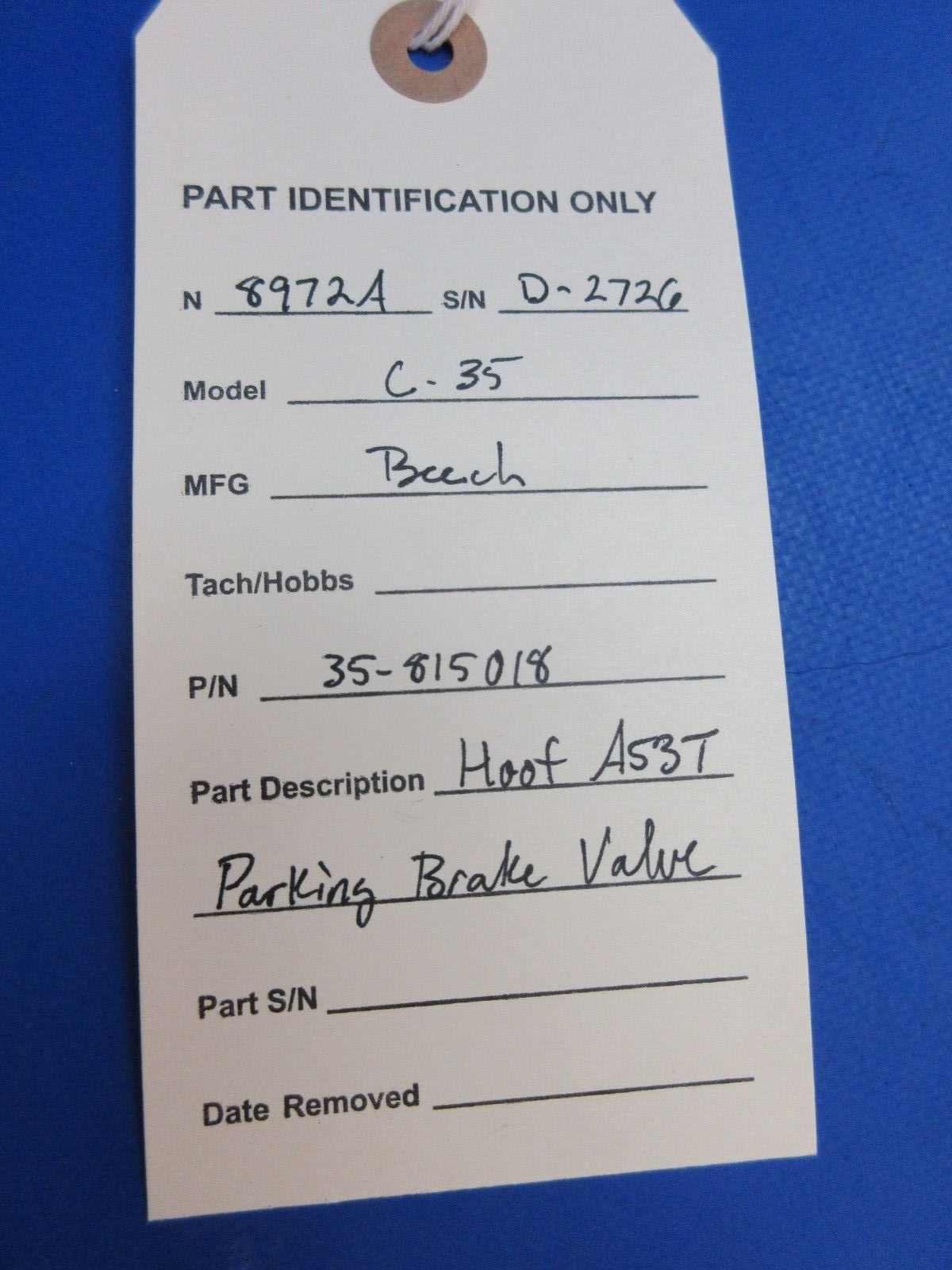 Beech C-35 Hoof A53T Parking Brake Valve P/N 35-815018 (1023-775)