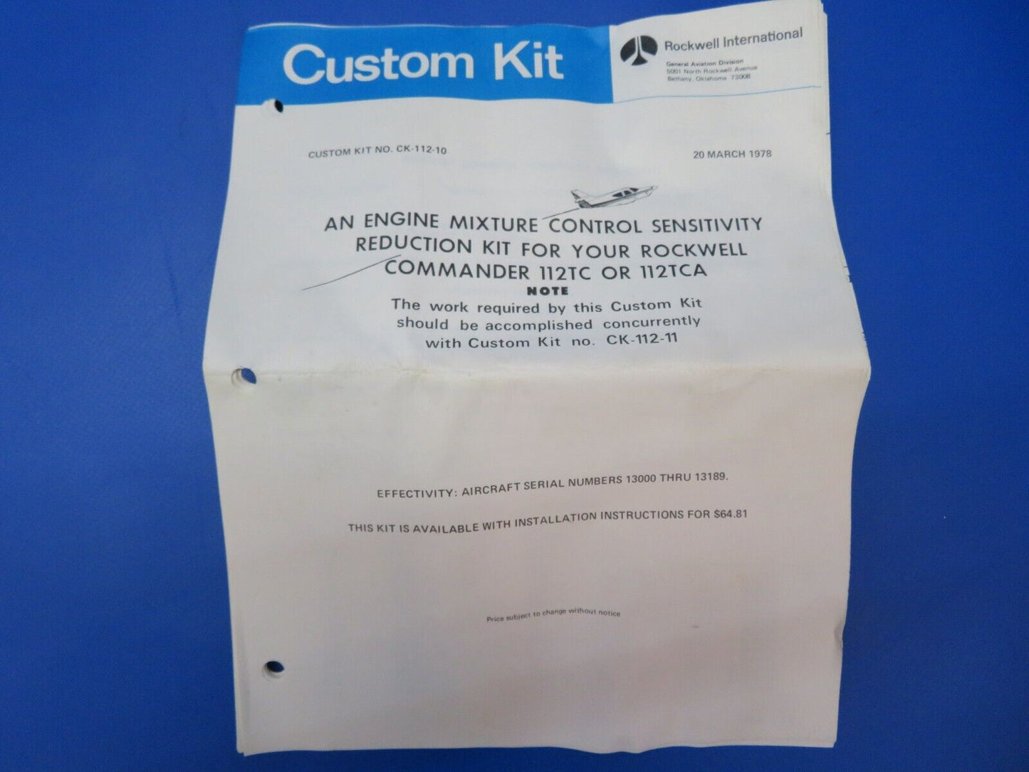 Commander 112 / 114 Engine Sensitivity Reduction Kit P/N CK-112-10 (0922-65)
