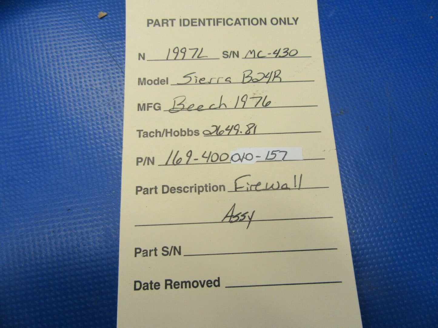Beech Sierra B-24R Firewall Assy P/N 169-400010-157 (0819-04)