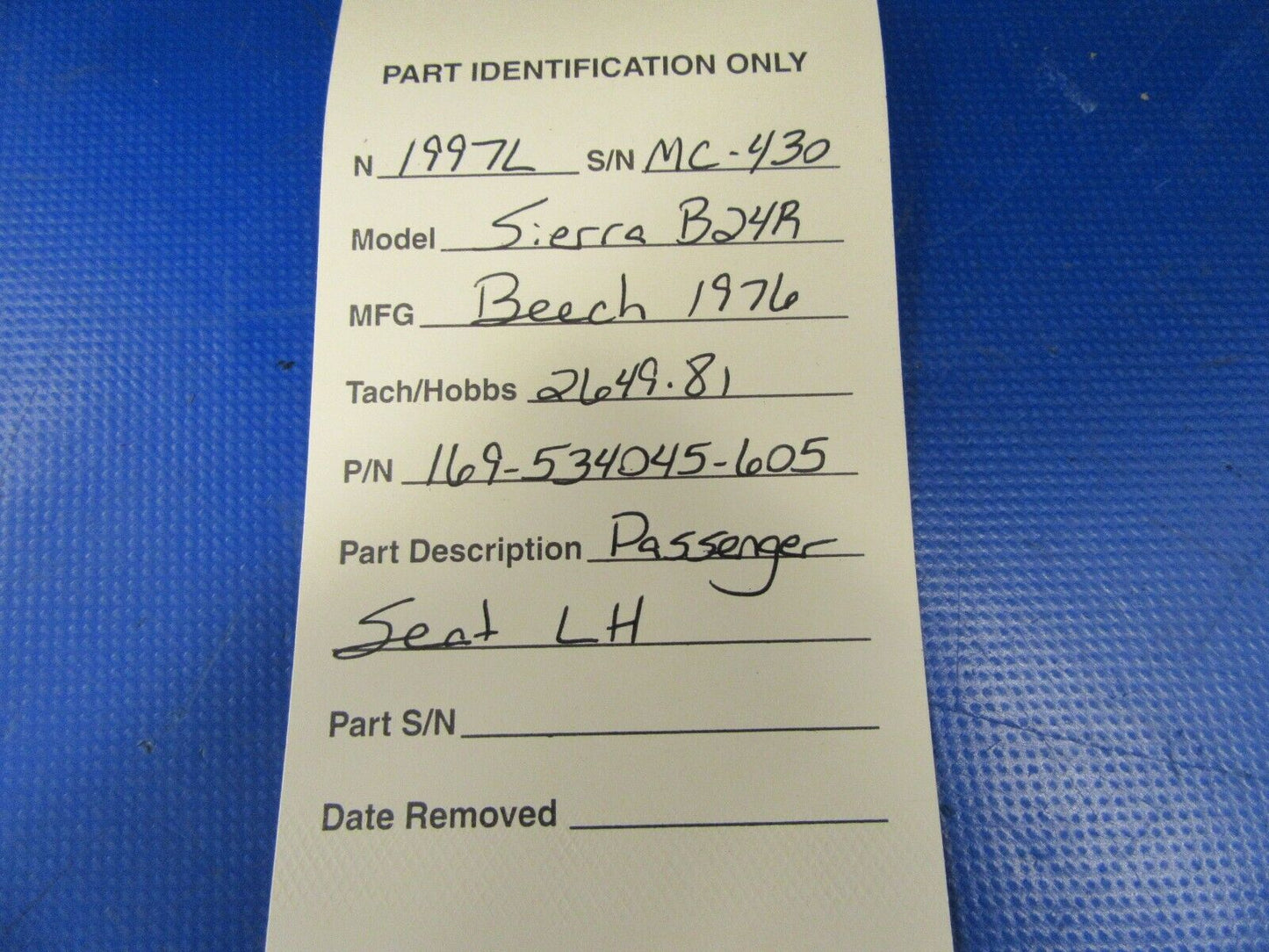 Beech Sierra B-24R Passenger Seat Rear LH Blue 169-534045-605 (0719-232)
