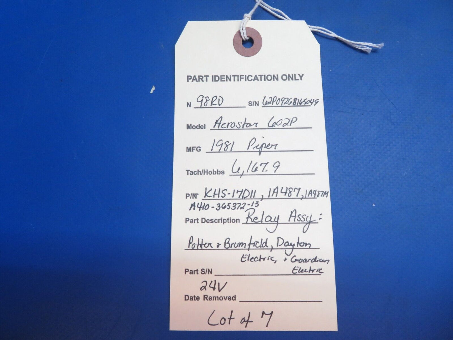Piper Aerostar 602P Relay Assy P/N KHS-17D11, 1A487 LOT OF 7 (0123-985)