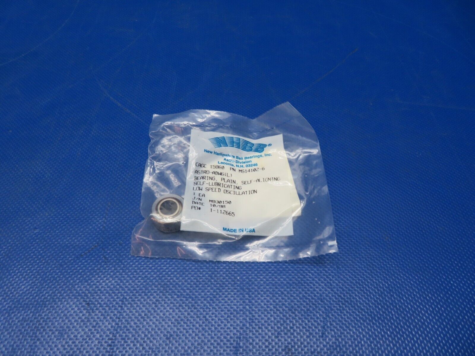 Citation King Air New Hampshire Ball Bearings Inc. P/N MS14102-6 NOS (0224-228)