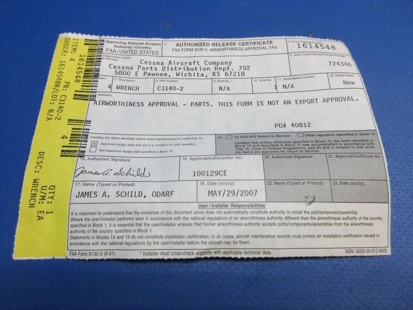 McCauley Propeller Wrench-Spanner Pin w/8130 LOT OF 5 P/N C3140-2 NOS (0523-439)