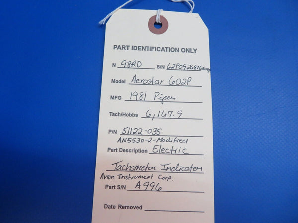 Piper Aerostar 602P Electric Tachometer Indicator P/N 51122-035 (1022-609)