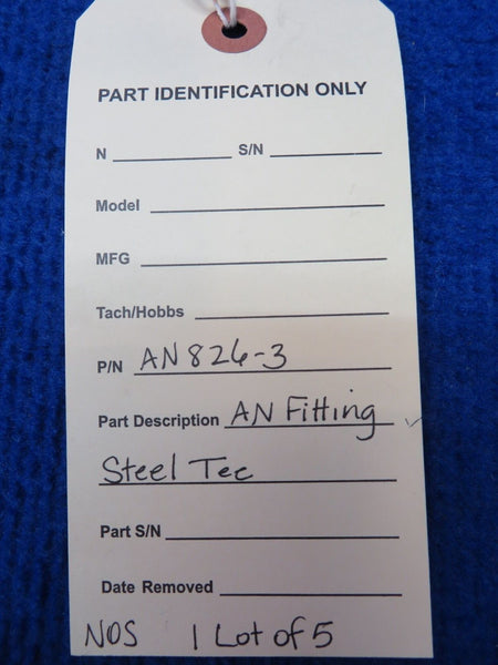 AN Fitting Steel Tee P/N AN826-3 LOT OF 5 NOS (0722-476)