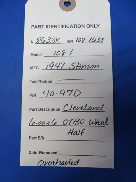 Stinson 108-1 Cleveland 6.00 x 6 OTBD Wheel Half 40-97D OVERHAULED (0923-301)