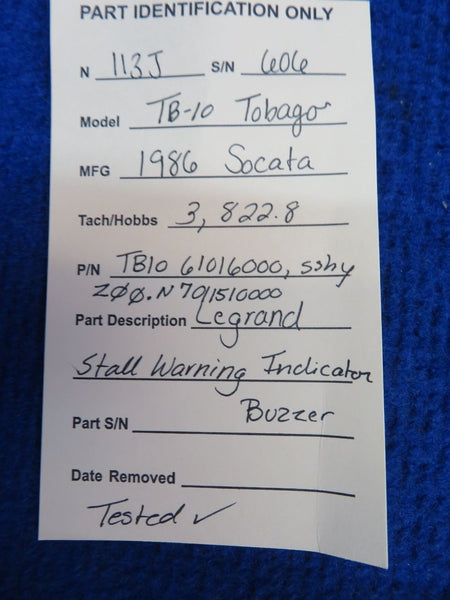 Socata TB-10 Legrand Stall Warning Indicator Buzzer P/N 61016000 (0822-327)