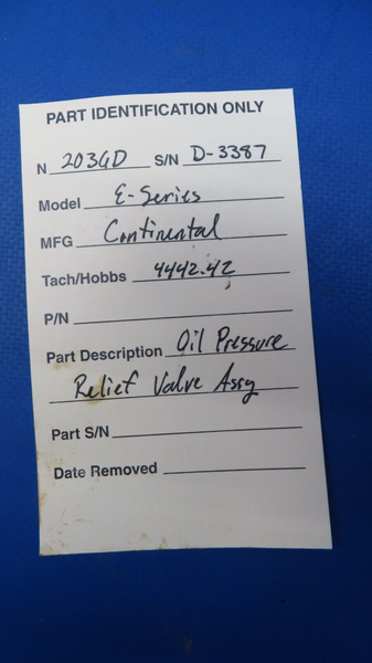 Continental E- Series Oil Pressure Relief Valve Assembly  (0523-912)