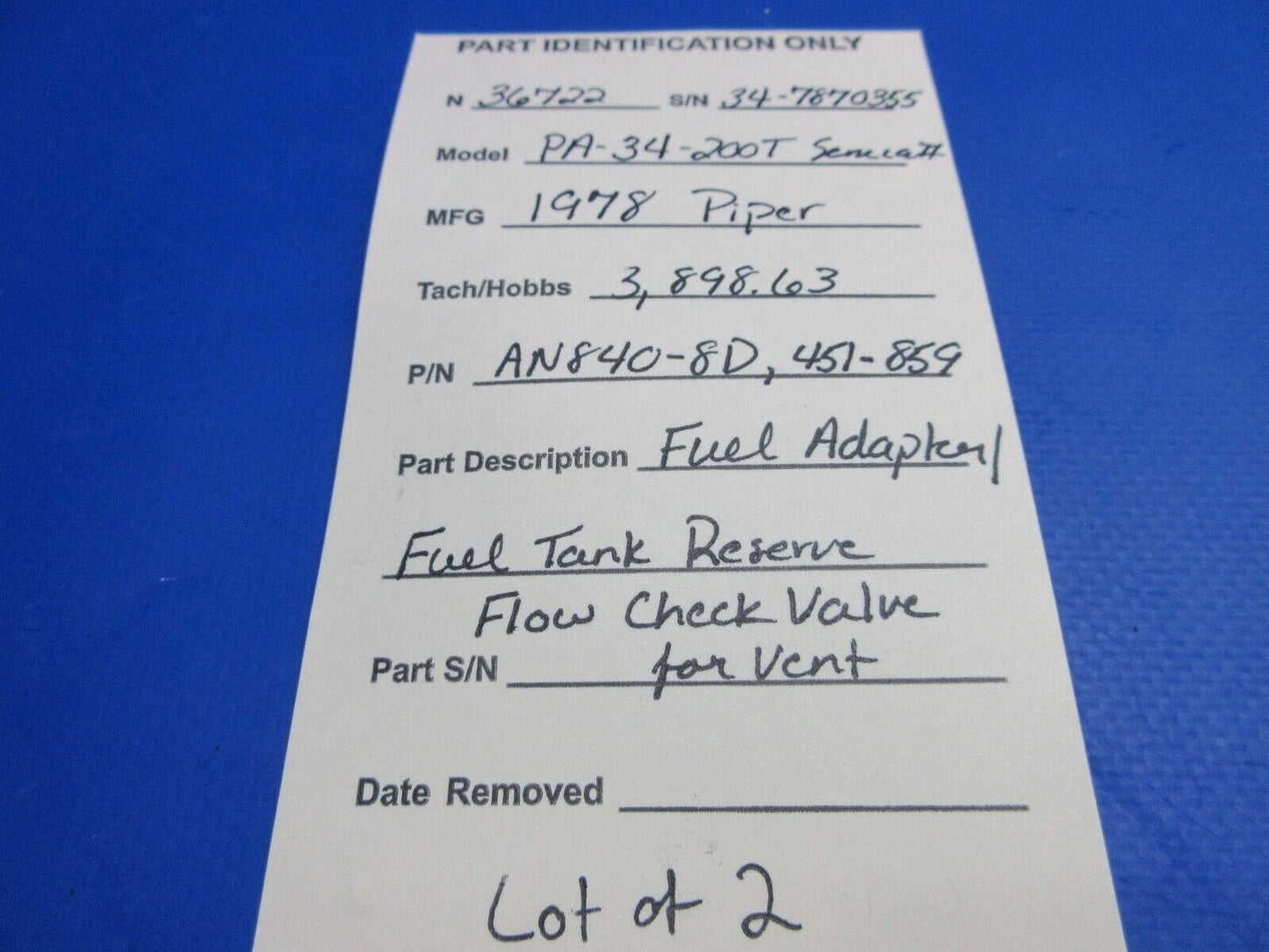 Piper PA-34 Fuel Adapter / Fuel Tank Reserve Flow Check Valve AN840-8 (0523-387)