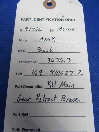 Beech 24 Series RH Main Gear Retract Brace P/N 169-810027-2 (0923-18)