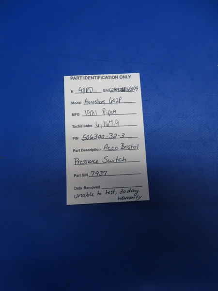 Piper Aerostar 602P Acco Bristol Pressure Switch P/N 506300-32-3 (0423-312)