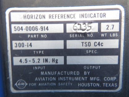 Aviation Inst 300-14 Horizon Reference Indicator P/N 504-0006-914 (0123-891)