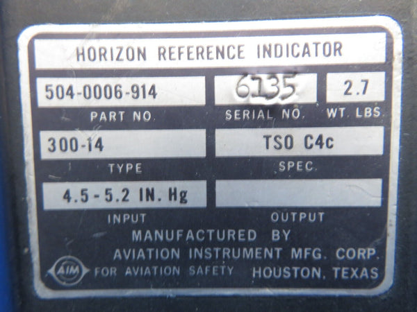 Aviation Inst 300-14 Horizon Reference Indicator P/N 504-0006-914 (0123-891)