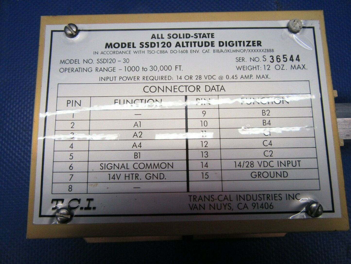 Trans-Cal All Solid State Altitude Digitizer 14V /28V P/N SSD120-30 (1021-442)