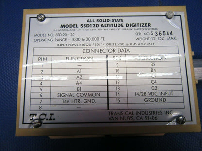 Trans-Cal All Solid State Altitude Digitizer 14V /28V P/N SSD120-30 (1021-442)