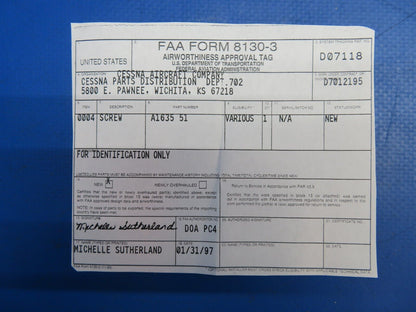 McCauley Threaded Propeller Screw P/N A1635-51 NOS w/ 8130 (0523-600)